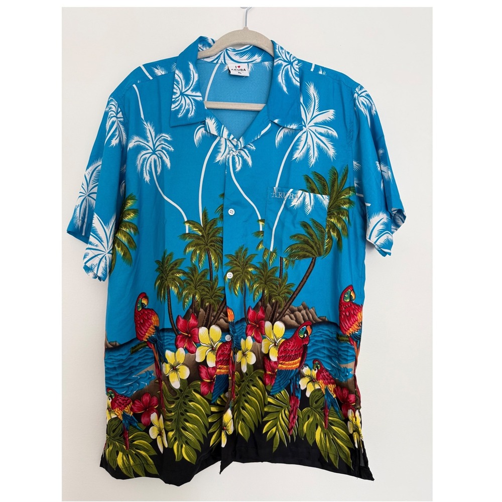 Aruba Hawaiian Men's Button Down XL Shirt Blue Parrots Tropical Vacation Cruise